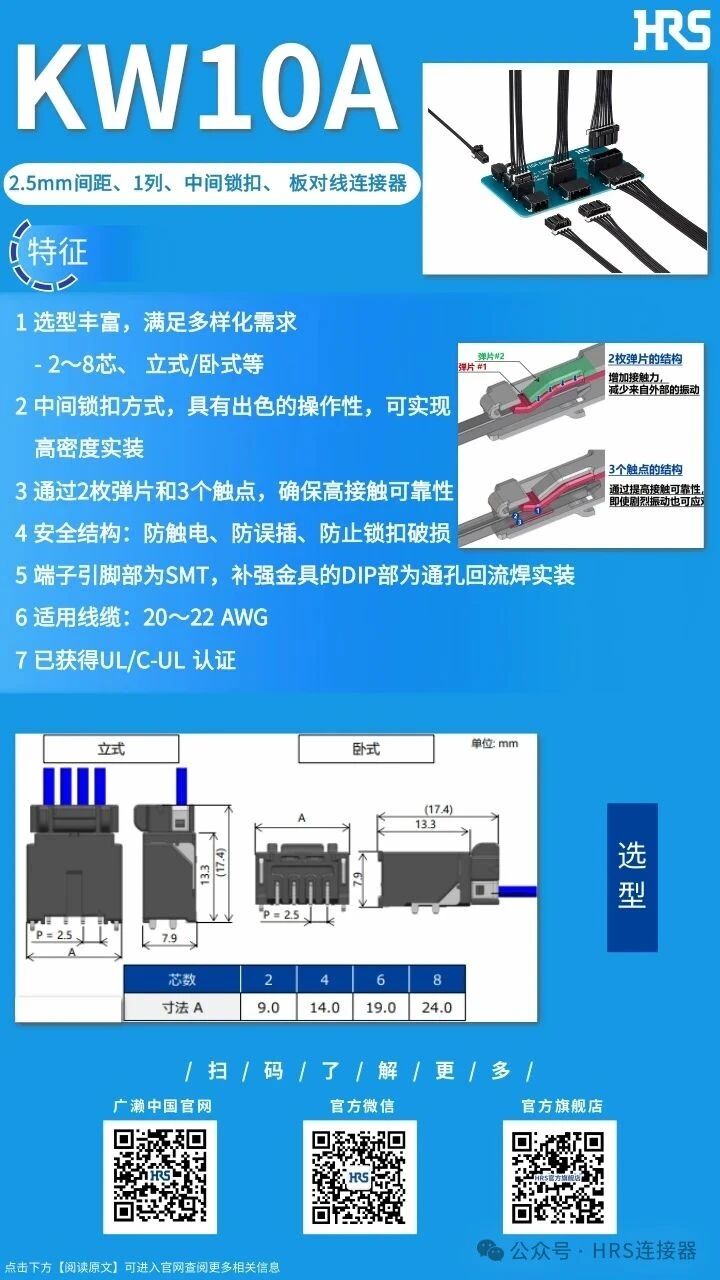 【產品推薦】2.5mm間距、1列、中間鎖扣、板對線連接器KW10A系列