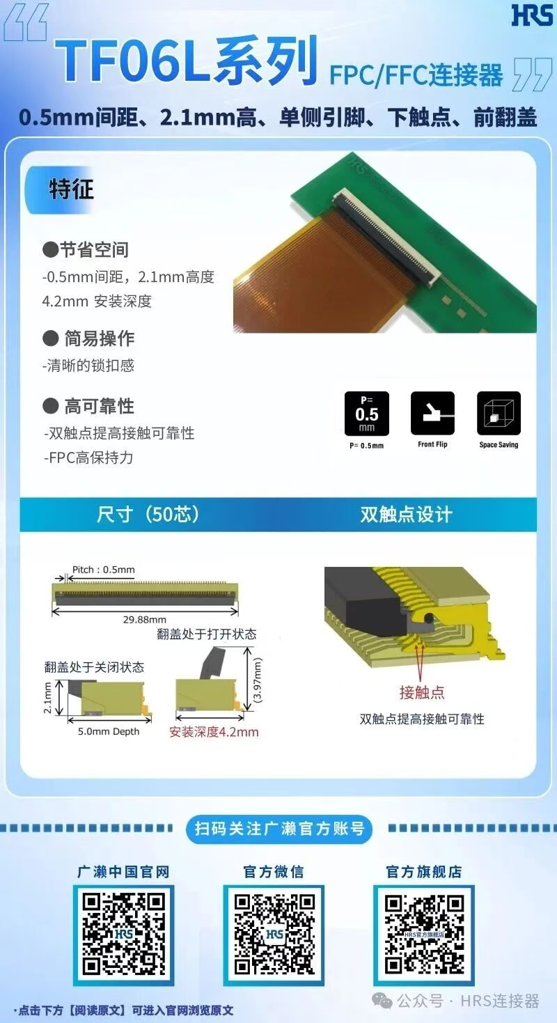 【產品推薦】單側引腳，下觸點，前翻蓋的FPC/FFC連接器TF06L系列